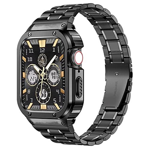 MioHHR Metallbänder mit Gehäuse kompatibel für Apple Watch Band 40/41 mm, stoßfestes Edelstahlgehäuse und Ersatzband mit Schutzhülle für iWatch Series 8/7/6/5/4/SE für Herren(Schwarz) von MioHHR