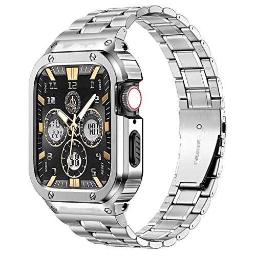 MioHHR Metallbänder mit Gehäuse kompatibel für Apple Watch Band 45 mm, stoßfestes Edelstahlgehäuse und Ersatzband mit Fall für iWatch Series 8/7 für Herren（Silber) von MioHHR