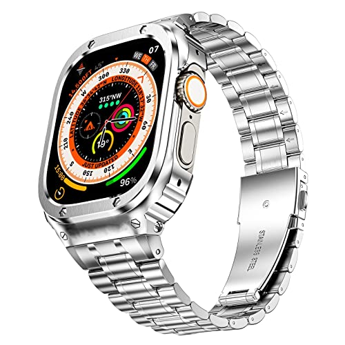MioHHR Metallbänder mit Gehäuse kompatibel für Apple Watch Band 49 mm, stoßfestes Edelstahlgehäuse und Ersatzband mit Fall für iWatch Ultra für Herren(Silber) von MioHHR