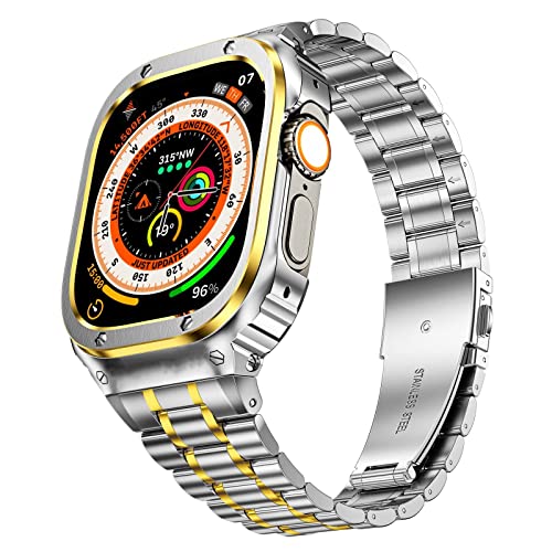 MioHHR Metallbänder mit Gehäuse kompatibel für Apple Watch Band 49 mm, stoßfestes Edelstahlgehäuse und Ersatzband mit Schutzhülle für iWatch Ultra für Herren(Silber/Gold) von MioHHR