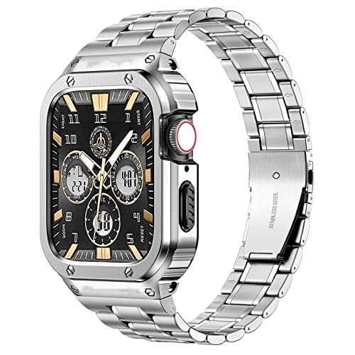 MioHHR Metallbänder mit Hülle kompatibel für Apple Watch Band 44 mm, stoßfestes Edelstahlgehäuse und Ersatzband mit Fall für iWatch Serie 6/5/4/SE für Herren（Silber) von MioHHR