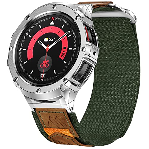 MioHHR Metallgehäuse mit Bändern, kompatibel mit Samsung Galaxy Watch 6 44 mm 2023/Watch 5 44 mm 2022/Watch 4 44 mm 2021, Nylonbänder und Edelstahlabdeckung für Herren von MioHHR