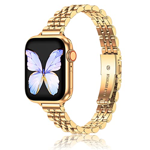 MioHHR Schlankes Metallarmband, kompatibel mit Apple Watch, 49 mm, 46 mm, 45 mm, 44 mm, 42 mm (Serie 3/2/1), elegantes Edelstahl-Kettenband für Damen, iWatch-Bänder Serie 10, 9, 8, 7, 6, 5, 4, SE, von MioHHR