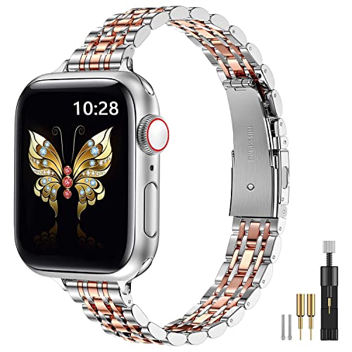 MioHHR Slim Band kompatibel mit Apple Watch Armband 42 mm 44 mm 45 mm, dünnes Edelstahl-Metallkettenarmband für Damen iWatch Bands Serie 8 7 6 5 4 3 2 1 SE, Silber/Roségold von MioHHR