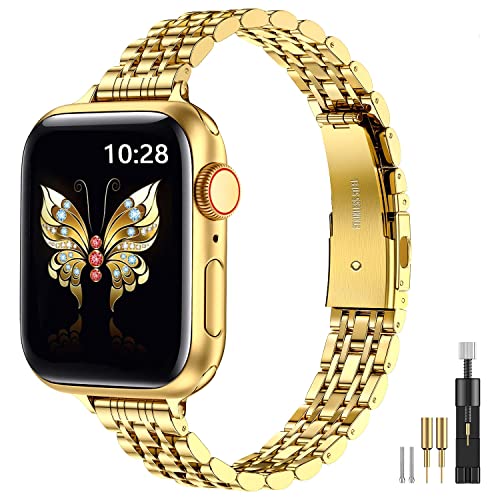 MioHHR Slim Band kompatibel mit Apple Watch Armband 42 mm 44 mm 45 mm, dünnes Edelstahl-Metallkettenband für Damen iWatch Bands Serie 8 7 6 5 4 3 2 1 SE, Gold von MioHHR