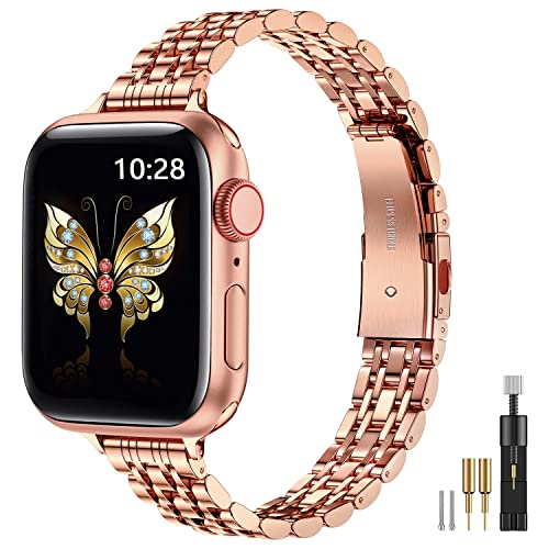 MioHHR Slim Band kompatibel mit Apple Watch Armband 42 mm 44 mm 45 mm, dünnes Edelstahl-Metallkettenband für Damen iWatch Bands Serie 8 7 6 5 4 3 2 1 SE, Roségold von MioHHR