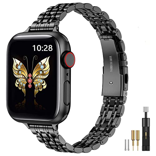 MioHHR Slim Band kompatibel mit Apple Watch Armband 42 mm 44 mm 45 mm, dünnes Edelstahl-Metallkettenband für Damen iWatch Bands Serie 8 7 6 5 4 3 2 1 SE, Schwarz von MioHHR