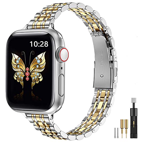 MioHHR Slim Band kompatibel mit Apple Watch Armband 42 mm 44 mm 45 mm, dünnes Edelstahl-Metallkettenband für Damen iWatch Bands Serie 8 7 6 5 4 3 2 1 SE, Silber/Gold von MioHHR