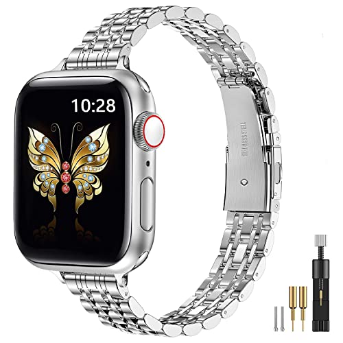 MioHHR Slim Band kompatibel mit Apple Watch Armband 42 mm 44 mm 45 mm, dünnes Edelstahl-Metallkettenband für Damen iWatch Bands Serie 8 7 6 5 4 3 2 1 SE, Silber von MioHHR