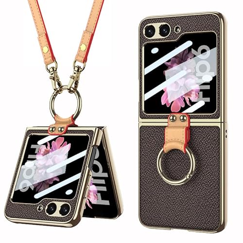 Faltbare Lederhülle für Samsung Galaxy Z Flip 6/5, Handyhülle für Z Flip6/5 mit Riemen, Kreative Damen-Bildschirmschutzhülle mit Galvanikringhalterung (Braun, Für Flip 6) von MiorMiar