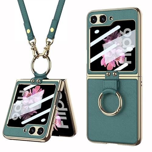 Faltbare Lederhülle für Samsung Galaxy Z Flip 6/5, Handyhülle für Z Flip6/5 mit Riemen, Kreative Damen-Bildschirmschutzhülle mit Galvanikringhalterung (Grün, Für Flip 6) von MiorMiar