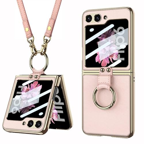 Faltbare Lederhülle für Samsung Galaxy Z Flip 6/5, Handyhülle für Z Flip6/5 mit Riemen, Kreative Damen-Bildschirmschutzhülle mit Galvanikringhalterung (Rosa, Für Flip 6) von MiorMiar