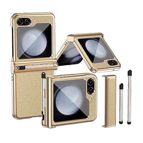 Faltbare Ledertasche passend für Samsung Galaxy Z Flip 5 2023, Handyhülle für Z Flip5, Anti-Fall-Hülle mit galvanischem Scharnier und S Pen Stylus (Golden-golden) von MiorMiar