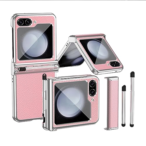Faltbare Ledertasche passend für Samsung Galaxy Z Flip 5 2023, Handyhülle für Z Flip5, Anti-Fall-Hülle mit galvanischem Scharnier und S Pen Stylus (Rosa-Silber) von MiorMiar
