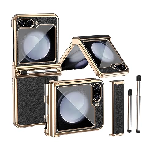 Faltbare Ledertasche passend für Samsung Galaxy Z Flip 5 2023, Handyhülle für Z Flip5, Anti-Fall-Hülle mit galvanischem Scharnier und S Pen Stylus (Schwarz-Gold) von MiorMiar
