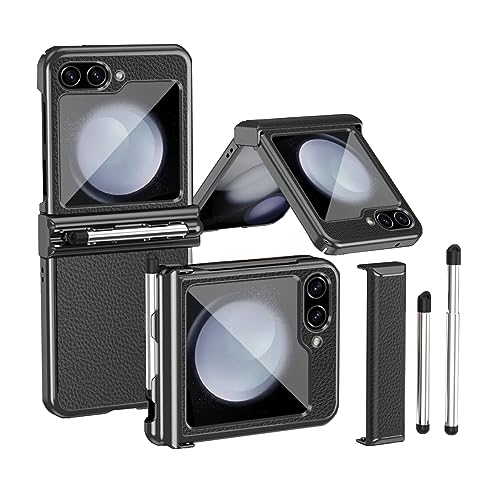 Faltbare Ledertasche passend für Samsung Galaxy Z Flip 5 2023, Handyhülle für Z Flip5, Anti-Fall-Hülle mit galvanischem Scharnier und S Pen Stylus (Schwarz-Schwarz) von MiorMiar