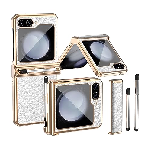 Faltbare Ledertasche passend für Samsung Galaxy Z Flip 5 2023, Handyhülle für Z Flip5, Anti-Fall-Hülle mit galvanischem Scharnier und S Pen Stylus (Weiß-golden) von MiorMiar