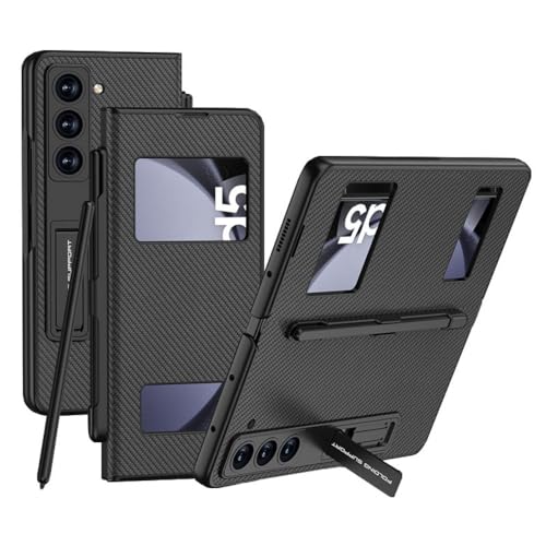 Flip Free Answering Leder Hülle für Samsung Galaxy Z Fold5, Klapphülle mit Halterung für Fold5, Schutzhülle mit Stiftschlitz (Carbon Grain, für Fold 5) von MiorMiar