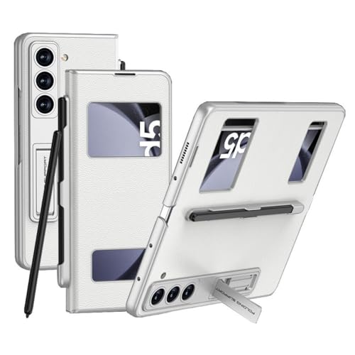 Flip Free Answering Leder Hülle für Samsung Galaxy Z Fold5, Klapphülle mit Halterung für Fold5, Schutzhülle mit Stiftschlitz (Silber, für Fold 5) von MiorMiar