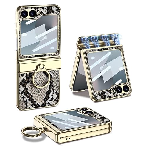 Magnetische Faltbare Lederhülle mit Krokodildruck für Samsung Galaxy Z Flip 6, All-Inclusive-Handyschutzhülle für Flip6, Anti-Drop-Schale mit Galvanikring (Python-Druck, Für Flip 6) von MiorMiar