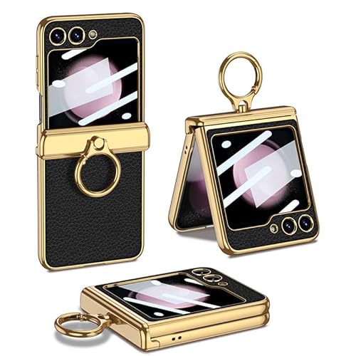 Magnetische Faltbare Ledertasche für Samsung Galaxy Z Flip 5, All-Inclusive Handy-Schutzhülle für Flip5, Anti-Drop Shell mit Galvanik-Ring (Litschi Schwarz, for Flip 5) von MiorMiar
