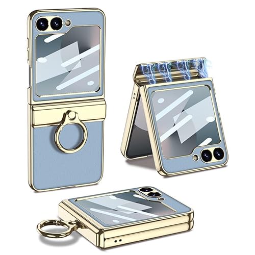 Magnetische Faltbare Litschi-Lederhülle für Samsung Galaxy Z Flip 6, All-Inclusive-Handy-Schutzhülle für Flip6, Anti-Drop-Schale mit Galvanikring (Blau, Für Flip 6) von MiorMiar