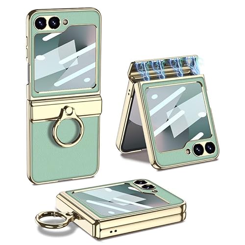 Magnetische Faltbare Litschi-Lederhülle für Samsung Galaxy Z Flip 6, All-Inclusive-Handy-Schutzhülle für Flip6, Anti-Drop-Schale mit Galvanikring (Grün, Für Flip 6) von MiorMiar