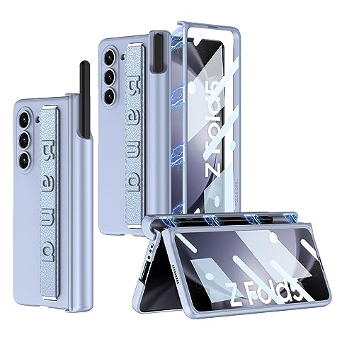MiorMiar Armband Magnetscharnier Handyhülle für Samsung Galaxy Z Fold 5, Klappschale mit Stiftebox für Z Fold5, Schutzhülle mit Panzerglasfolie (Blau, für Fold 5) von MiorMiar