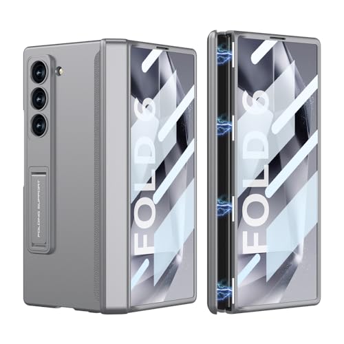 MiorMiar Magnetische All-Inclusive-Handyhülle mit Scharnier für Samsung Galaxy Z Fold 6, Flip-Handyhülle mit Halterung für Z Fold6, Anti-Fall-Abdeckung mit Glasfolie (Grau, Für Fold 6) von MiorMiar