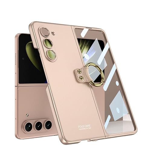 MiorMiar Ultradünne Handyhülle für Samsung Galaxy Z Fold 5, Faltschale mit Ringhalterung für Z Fold5, Schutzhülle mit gehärteter Glasfolie (Gold, Für Fold 5) von MiorMiar