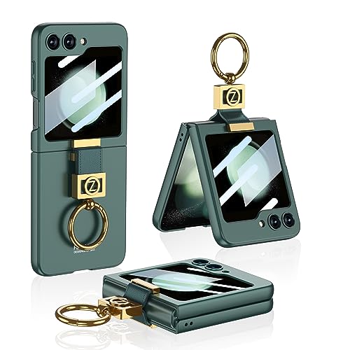 Ultradünne Handyhülle aus Leder für Samsung Galaxy Z Flip 5, Faltbare Harte PC-Schutzhülle mit Ring, Kameraschutzhülle für Z Flip5 (Grün) von MiorMiar