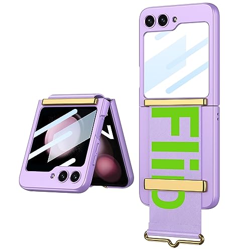 Ultradünne Handyhülle für Samsung Galaxy Z Flip 5 mit verstellbarem Armband, vollflächige Falthülle für Flip5, Anti-Drop-Hartschale mit Schutzfolie (Lila) von MiorMiar