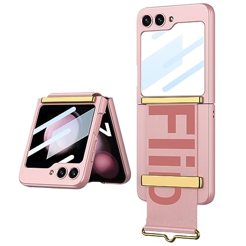 Ultradünne Handyhülle für Samsung Galaxy Z Flip 5 mit verstellbarem Armband, vollflächige Falthülle für Flip5, Anti-Drop-Hartschale mit Schutzfolie (Rosa) von MiorMiar