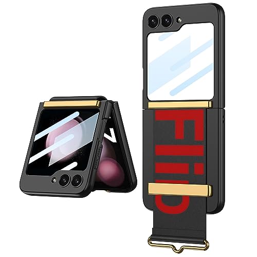 Ultradünne Handyhülle für Samsung Galaxy Z Flip 5 mit verstellbarem Armband, vollflächige Falthülle für Flip5, Anti-Drop-Hartschale mit Schutzfolie (Schwarz) von MiorMiar