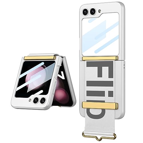 Ultradünne Handyhülle für Samsung Galaxy Z Flip 5 mit verstellbarem Armband, vollflächige Falthülle für Flip5, Anti-Drop-Hartschale mit Schutzfolie (Silber) von MiorMiar