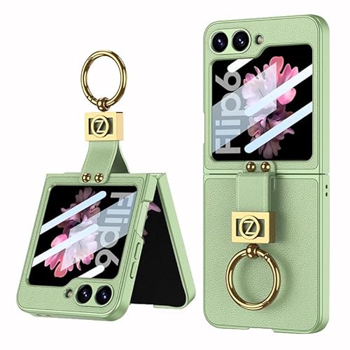 Ultradünne Leder-Handyhülle für Samsung Galaxy Z Flip 6, Faltbare Hart-PC-Schutzhülle mit Ring, Anti-Drop-Schutzhülle für Z Flip6 (Lichtgrün, Leder) von MiorMiar