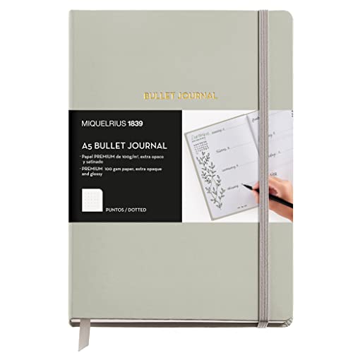 Miquelrius Bullet Journal Notizbuch, fester Kunstleder-Einband mit Gummizugverschluss, Format A5 148 x 210 mm, 96 Blatt 100 g/m², innen Punktraster, Farbe Grau Miquelrius Bullet Journal Notizbuch, fester Kunstleder-Einband mit Gummizugverschluss, Format A5 148 x 210 mm, 96 Blatt 100 g/m², innen Punktraster, Farbe Grau von Miquelrius
