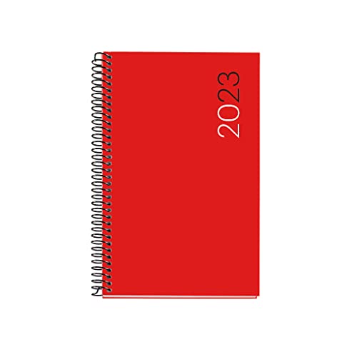 Miquelrius - Jahreskalender 2023 - Tag Seite - Aktive Größe 117 x 182 mm - Flexible Abdeckung Polypropylen - Spiralbindung - Katalanisch, Englisch und Portugiesisch - Rot von Miquelrius