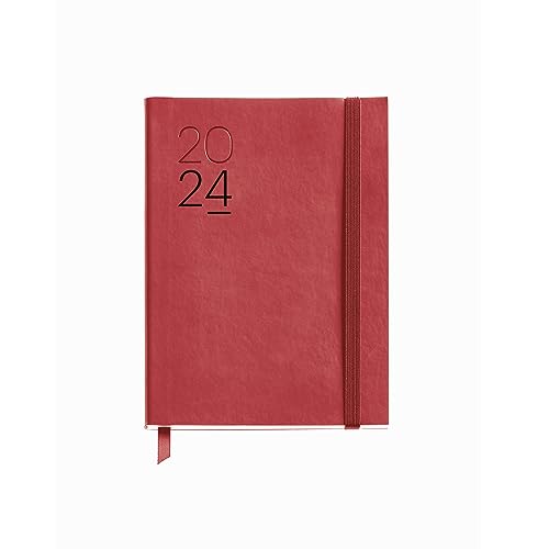 Miquelrius - Jahreskalender 2024, Tagesansicht, Größe Journal 122 x 168 mm, flexibler Einband aus Kunstleder genäht, Spanisch, Englisch und Portugiesisch, Rot von Miquelrius
