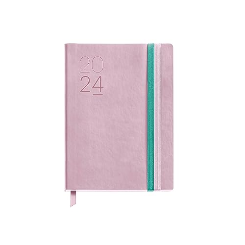 Miquelrius - Jahreskalender 2024, Tagesansicht, Größe Journal 122 x 168 mm, flexibler Einband aus Kunstleder genäht, doppelter Gummiverschluss, Spanisch, Englisch und Portugiesisch, Rosa von Miquelrius