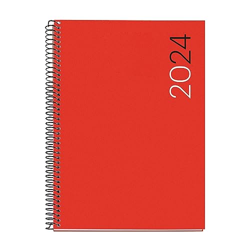 Miquelrius - Jahreskalender 2024, Tagesansicht, Größe Plus 155 x 213 mm (ähnlich A5), flexibler Einband aus Polypropylen, Spiralbindung, Katalanisch, Englisch und Portugiesisch, Rot von Miquelrius