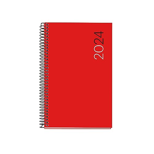 Miquelrius - Jahreskalender 2024, Tagesansicht, aktive Größe 117 x 182 mm, flexibler Einband aus Polypropylen, Spiralbindung, Katalanisch, Englisch und Portugiesisch, Rot von Miquelrius