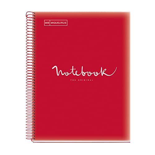 Miquelrius - Notizbuch A4 Notebook, 1 Farbiger Streifen, 80 Blatt mit Raster 5 x 5 mm, Papier 90 g/m² Mikroperforiert mit 4 Bohrungen für 4 Ringe, Bezug aus Polypropylen, Farbe Rot von Miquelrius