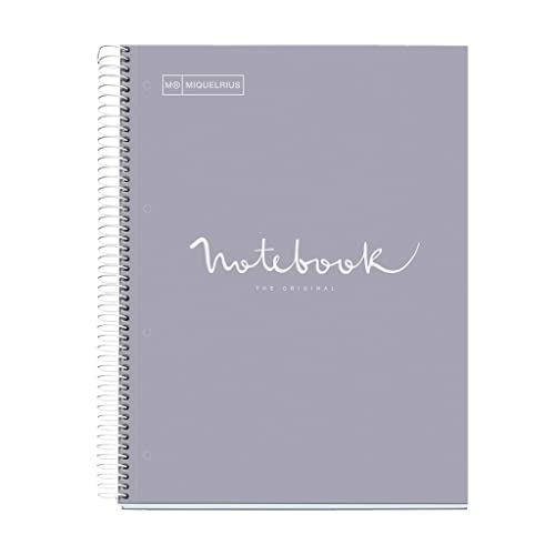 Miquelrius - Notizbuch A4 Notebook, 1 farbiger Streifen, 80 Blatt mit horizontalem Lineatur 7 mm, Papier 90 g/m² mikroperforiert mit 4 Bohrungen für 4 Ringe, Einband aus Karton, Farbe Grau von Miquelrius