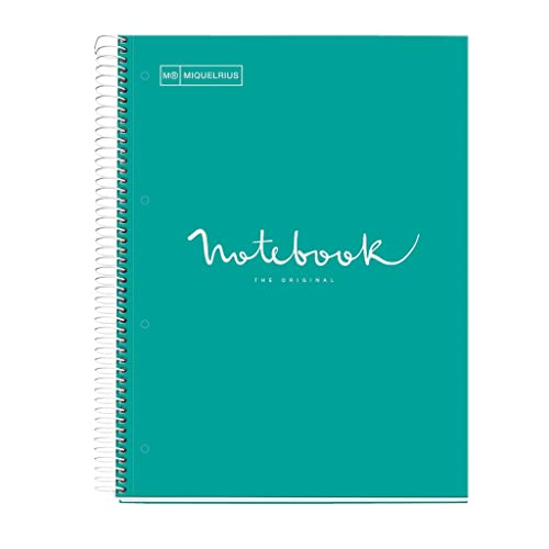 Miquelrius - Notizbuch A4 Notebook, 1 farbiger Streifen, 80 Blatt mit horizontalem Lineatur 7 mm, Papier 90 g/m² mikroperforiert mit 4 Bohrungen für 4 Ringe, Einband aus Karton, Farbe Türkis von Miquelrius