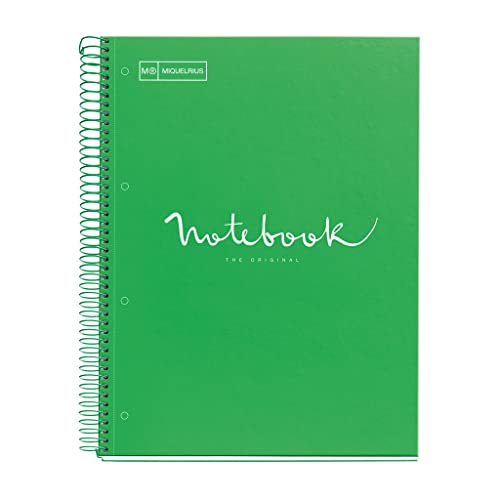 Miquelrius - Notizbuch A4 Notebook, 1 farbiger Streifen, 80 Blatt mit raster 5 x 5 mm, Papier 90 g/m² mikroperforiert mit 4 Bohrungen für 4 Ringe, Einband aus Karton, Farbe Grün von Miquelrius