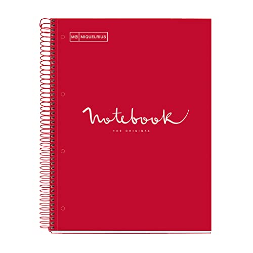 Miquelrius - Notizbuch A4 Notebook, 1 farbiger Streifen, 80 Blatt mit raster 5 x 5 mm, Papier 90 g/m² mikroperforiert mit 4 Bohrungen für 4 Ringe, Einband aus Karton, Farbe Rot von Miquelrius