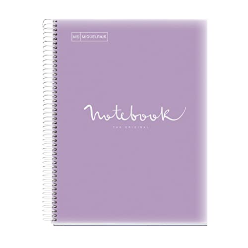 Miquelrius - Notizbuch A4 Notebook Emotions, 120 Blatt 90 g/m², Raster 5 x 5 mm, 5 Farbige Streifen, Mikroperforierte Spirale, Polypropyleneinband, Lavendel von Miquelrius