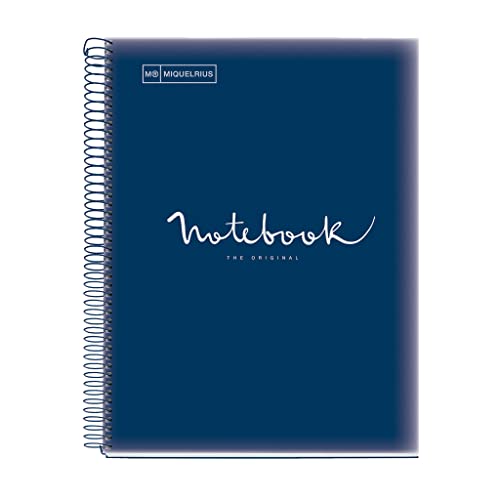 Miquelrius - Notizbuch A4 Notebook Emotions, 120 Blatt 90 g/m², Raster 5 x 5 mm, 5 Farbige Streifen, Mikroperforierte Spirale, Polypropyleneinband, Marineblau von Miquelrius
