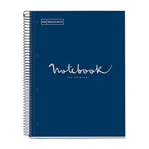 Miquelrius - Notizbuch A4 Notebook Emotions, 120 Blatt 90 g/m², Streifen Horizontale 7 mm, 5 Farbige Streifen, Mikroperforierte Spirale, Extra fester Einband, 4 Löcher, Farbe Marineblau von Miquelrius